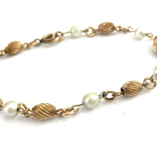 50s Gold Filled Bracelet for Women, 1950s Vintage Jewelry, 6.5" Small 1/20 12k Link Bracelet with Wire Strung White Natural and Faux Pearls