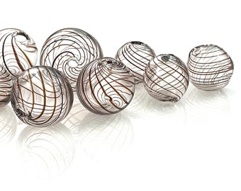5 Pcs Glass Bubble Beads for Jewelry Making, Clear Hollow Globes, Spiral Brown Black Stripe, Hand Blown, 10mm 11mm 12mm & 14mm, Two Hole 1mm