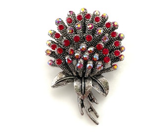 Red Floral Brooch, Vintage Jewelry, 2" Antique Silver Tone Pin, Siam Red Rhinestones, Clear & AB, Heavy Flower Boutonnière, Wedding Jewelry