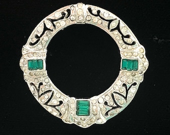 30s Signed Ciner Rhinestone Brooch for Women, Art Deco Costume Jewelry, 1.5" Vintage Silver Circle Pin with Green Baguettes & Clear Rounds