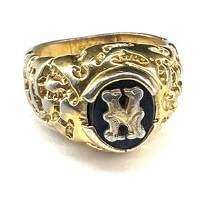 Mens Vintage Signet Ring, Chunky Gold Tone with Black Oval and Gold Letter M, Signed Beta,  Size 10.5 US, Some Wear to Band
