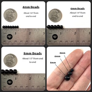 May include: A set of black beads shown in four panels. Panels show 4mm beads at 1/6 inch, 6mm beads at 1/4 inch, and 8mm beads at 1/3 inch using a metal ruler and a US quarter for scale. The final panel shows the three sizes side by side.