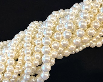 50pcs Pearl Beads for Jewelry Making, 4mm 6mm 8mm Round Glass Faux Pearls, Ivory Off White Cream, Bulk Wedding Bridal, Fake 1 mm Hole