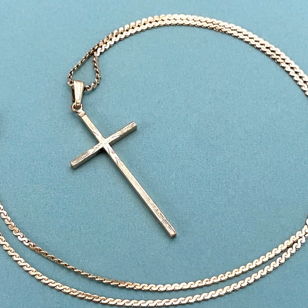 50s 12k Gold Filled Cross Necklace for Women, Vintage Christian Religious Jewelry, 15" Serpentine Chain, Slender Catamore Etched Pendant