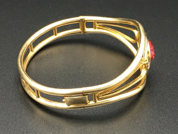 30s Art Deco Gold Filled Red Rhinestone Bracelet,… - image 2