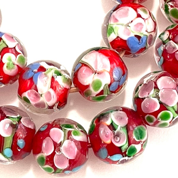 2 Pcs Lampwork Beads for Jewelry Making, 12mm Red Glass Flower Beads, Floral Rounds, Handmade Focals, Pink Blue & Green Floral, 1.5mm Hole