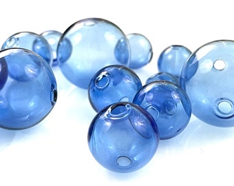 5 Pcs Hollow Blue Glass Bubble Beads, Unique Clear Hand Blown Round Lampwork Globes, 10mm 11mm 12mm 13mm 14mm & 20mm, Two Holes 1mm