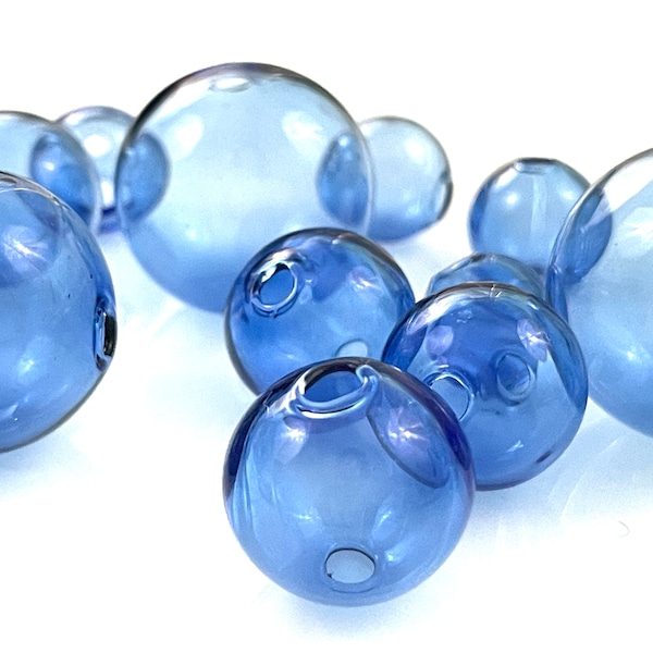 5 Pcs Hollow Blue Glass Bubble Beads, Unique Clear Hand Blown Round Lampwork Globes, 10mm 11mm 12mm 13mm 14mm & 20mm, Two Holes 1mm