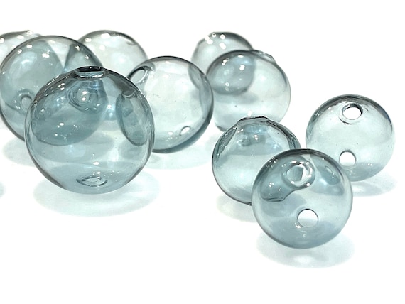 5 Pcs Hand Blown Glass Beads for Jewelry Making, Hollow Gray Blue Bubble, Unique Lampwork Globe, 10mm 14mm 16mm 20mm Round, Two Hole 1mm-2mm