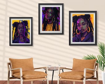 Custom Designed Print | Powerful Black Women Portrait | Purple & Gold | Wall Art | Digital Download
