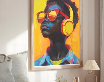 Vibrant Sunset Music Art Portrait | Black Boy Wall Art | Digital Download