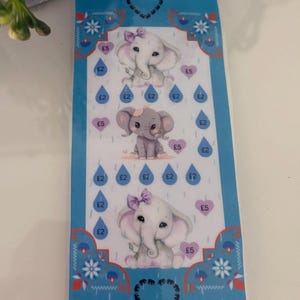 Bonita tarjeta de seguimiento de elefantes para tus aventuras con el dinero. Cabe en una carpeta A6.