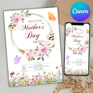 Mother’s Day Brunch Invitation, Mother’s Day Party Invite, Peony Floral Brunch Template, Mother’s Day Lunch Invite, Canva Editable