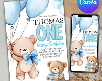 Beary First Birthday Invitation, Bear Birthday Invite, Teddy Bear First Birthday, 1st Birthday Boy, Beary 1st Birthday Party, Canva Editable