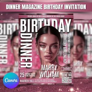 May include: A pink magazine-style birthday invitation with the text "Dinner Magazine Birthday Invitation." The cover features a woman's portrait and the words "Birthday Dinner." Additional text includes "Marry William" and event details.
