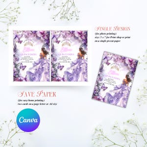QUINCEANERA FLOWERS,Lilac Gold Floral Butterfly Princess Quinceanera Invitations, Lilac Purple & Gold Princess Quince, Canva Editable
