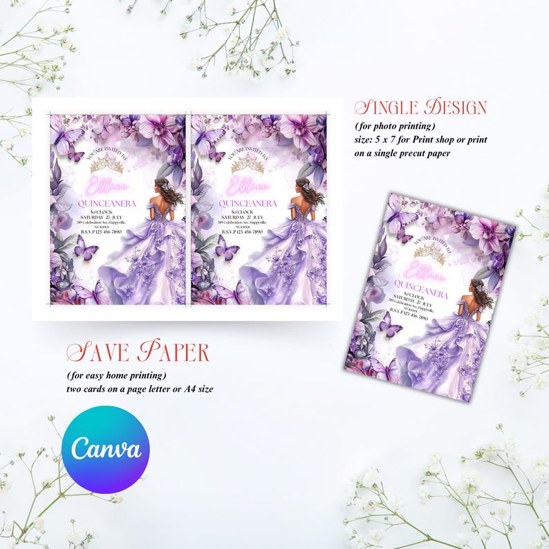 QUINCEANERA FLOWERS,Lilac Gold Floral Butterfly Princess Quinceanera Invitations, Lilac Purple & Gold Princess Quince, Canva Editable