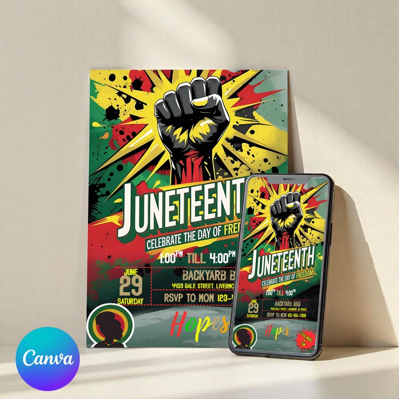 Juneteenth Party Invitation, BBQ Cookout Flyer, Backyard Celebration Invite, Black Freedom Day, Cookout Holiday, Canva Editable