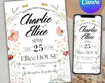 Wildflower Bridal Shower Invitation, Bridal Shower Invite, Wedding Shower Invitation, Boho Floral  Bridal shower Invitation, Canva Editable