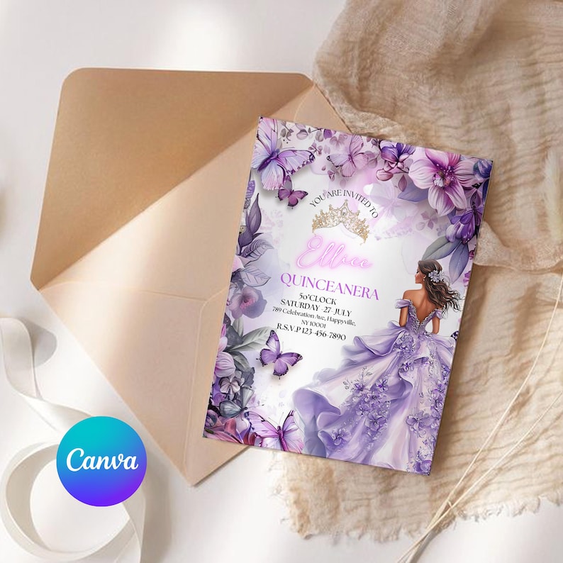 QUINCEANERA FLOWERS,Lilac Gold Floral Butterfly Princess Quinceanera Invitations, Lilac Purple & Gold Princess Quince, Canva Editable