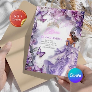 QUINCEANERA FLOWERS,Lilac Gold Floral Butterfly Princess Quinceanera Invitations, Lilac Purple & Gold Princess Quince, Canva Editable