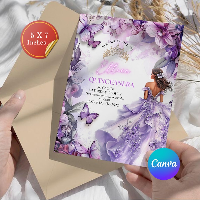 QUINCEANERA FLOWERS,Lilac Gold Floral Butterfly Princess Quinceanera Invitations, Lilac Purple & Gold Princess Quince, Canva Editable