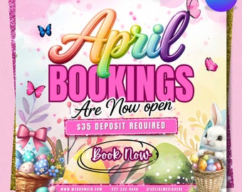 April Spring Booking Flyer Template, April Books Open Flyer, Hair Nails Lashes Braids Makeup Esthetician, DIY Text, Instant Download