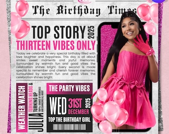 Pink & Silver 13th Birthday Newspaper Style Invitation, Glam Dinner Party Invite, Luxe Birthday Flyer, DIY text, Instant Download