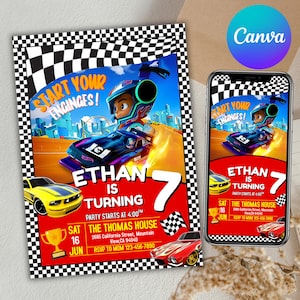 Convite de aniversário Hot Cars, convite Hot Wheels, convite de aniversário de carro, cartão de aniversário para meninos, convite de aniversário Hot Race Cars, Canva editável