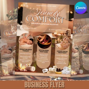 May include: A business flyer with a beige background promoting spa services. The flyer features the text "Serene & Comfort" and images of massage, foot care, and facial treatments. It includes contact information and a 50% off promotion.