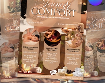 Plantilla de volante "Serene and Comfort", volante para eventos de bienestar, volante de spa y cuidado personal, volante de marketing imprimible y tranquilo, editable en Canva.