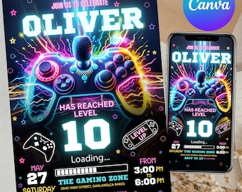 Video Game Party Invitation, Level Up Birthday Invite, Blue Neon Glow Invite, Arcade Party Invite, Gamer Boy, Video Gamer, Canva Editable