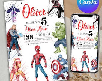 Superhero Birthday Invitation, Superheroes Kids Party, Iron Man Birthday, Avengers Party, Superhero Theme, Canva Editable