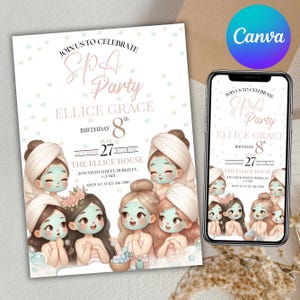 Spa Party Birthday Invitation Template, Pamper Party Birthday Invitation, Girls Spa Birthday, Pamper Party, Phone Invite, Canva Editable