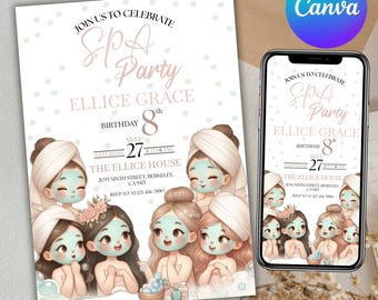 Spa Party Birthday Invitation Template, Pamper Party Birthday Invitation, Girls Spa Birthday, Pamper Party, Phone Invite, Canva Editable