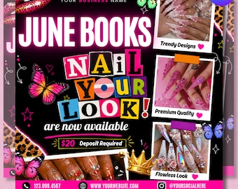 June Nail Booking Flyer Canva Template, June Books Open Nail Flyer, Summer Nail Appointment Post, DIY Text, Instant Download