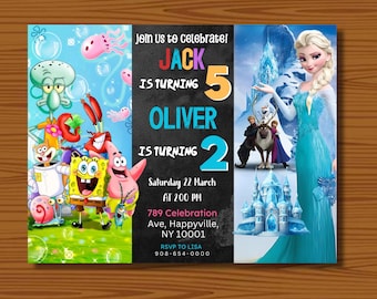 Sibling Birthday Invitation, Double Birthday Invite, Dual Combined Twins Invitation, Boy and Girl Double Invite, Two Theme, Canva Editable