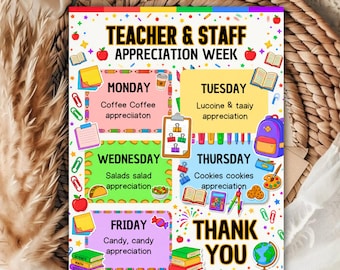 Teacher Appreciation Week Flyer Template, Staff Appreciation Schedule Itinerary, PTO PTA Event Flyer,  DIY Text, Instant Download