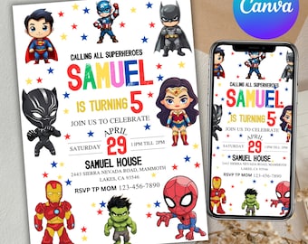 Superheroes Birthday Invitation, Superheroes Kids Party, Birthday, Iron Man Birthday Invite, Avengers Party, Superhero Theme, Canva Editable