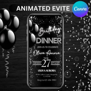 Puede incluir: Invitación animada en blanco y negro para una cena de cumpleaños en la pantalla de un smartphone. La invitación incluye el texto "Birthday Dinner" y detalles del evento. Globos negros y confeti decoran el fondo.