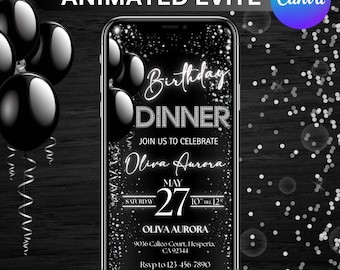 Digitale Geburtstagseinladung, Black Tie Glam Invite, animierte Black Silver Diamond Evite für Männer & Frauen, Canva Editable