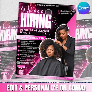 Puede incluir: Un folleto promocional en negro y rosa que anuncia estilistas con licencia. El texto principal dice "We are Hiring" y enumera los requisitos del trabajo. Se muestran dos mujeres, una peinando el cabello de la otra. Incluye un código QR y una dirección web.