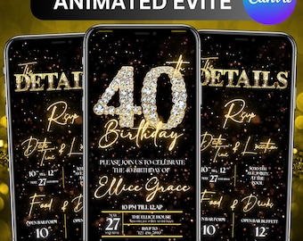 Digital 40th Birthday Party Video Invitation, 40th Glam Invite Ecard, Animated Black Gold Silver Diamond Evite, 40 Invite, Canva Editable