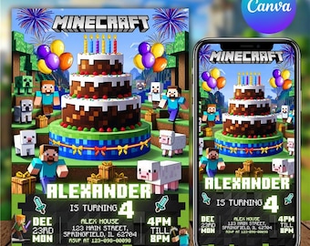 MineCraffterr Birthday Invitation, Trending Birthday Party, Gamer invitation, Minecrafter birthday invite, Gamer Birthday, Canva Editable