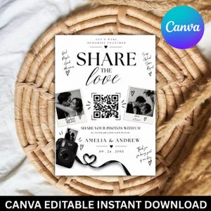 Könnte beinhalten: Ein weißes, rechteckiges Schild zum Teilen von Hochzeitsfotos mit dem Text SHARE THE LOVE, einem zentralen QR-Code, zwei Schwarz-Weiß-Paarfotos, einer schwarzen Sofortbildkamera-Grafik sowie den Namen AMELIA & ANDREW und dem Datum 09.24.20XX.