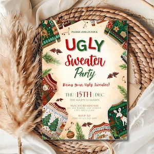 Peut inclure: Une invitation pour une soirée "Ugly Sweater". L'invitation présente un design festif avec des illustrations de pulls de Noël, des branches de pin et des ornements. Le texte comprend la date, l'heure et les informations RSVP.