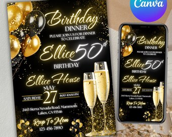 Digital Birthday Dinner Invitation, Birthday Party, Black Tie Glam Invite, Black Golden Diamond Evite for Men & Women, Canva Editable