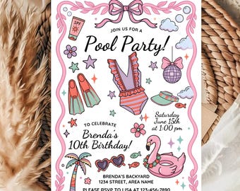 Editable Pool Party Birthday Invitation Template, Summer Any Age Canva Invite, Digital Birthday, DIY Text, Invitation Download