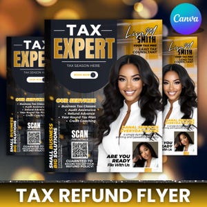 May include: A promotional flyer for tax services, featuring a woman's portrait and text. The design includes the words "TAX EXPERT," "TAX SEASON HERE," and a QR code for details. The flyer promotes tax assistance and refund services.