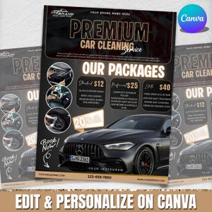 Könnte beinhalten: Flyer für einen Premium-Autoreinigungsservice. Der Flyer zeigt ein schwarzes Auto und listet Reinigungspakete auf: Standard, Proficient und Elite. Enthält den Text "Jetzt buchen!" und "Bearbeiten und personalisieren auf Canva."
